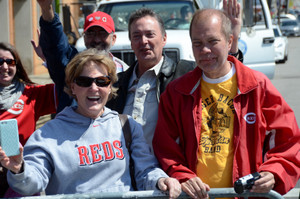 Barb Coyle and Jeff at this year's Opening Day Parade with staff from Franciscan Media