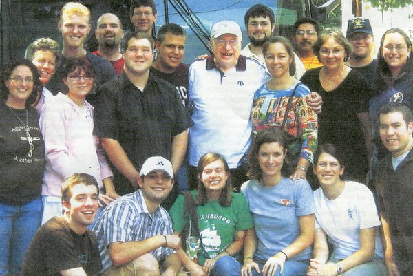 Fr. Curt Lanzrath, OFM, with students from Texas A & M on a bus pilgrimage to help him move back to Cincinnati in 2007.