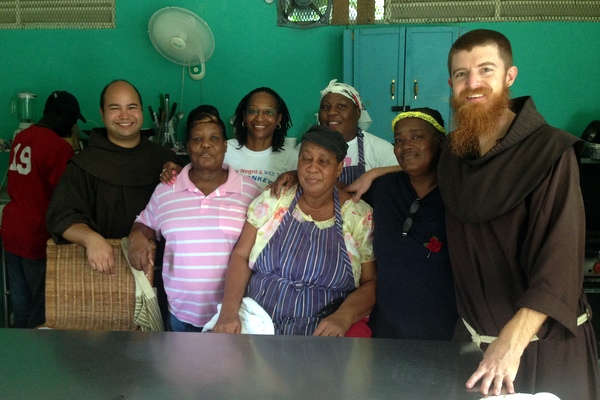 Fr. Richard and Br. Roger with Ms. Pearl and the staff of St. Anthony's Kitchen in Negril, Jamaica