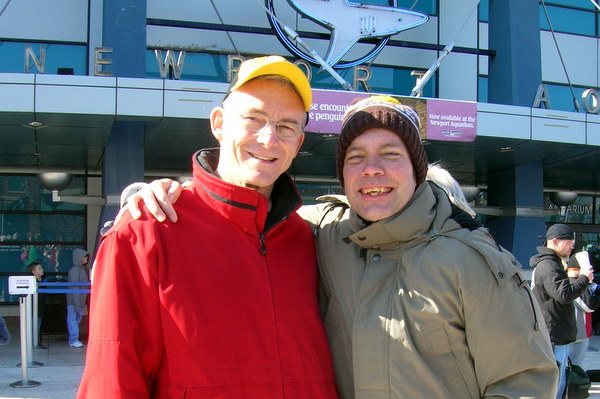 Fr. Jim and Jeff outside the Newport Aquarium in 2007 for the "Jumping for Jeff" Polar Bear Plunge organized to honor Jeff and raise money for Special Olympics