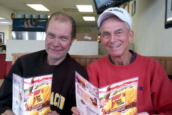 While on home leave from Negril, Jamaica, Fr. Jim Bok, OFM, always eats at Gold Star Chili with Jeff Rapking