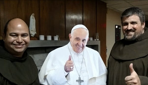 Br. Roger and Br. Colin with cut-out of Pope Francis
